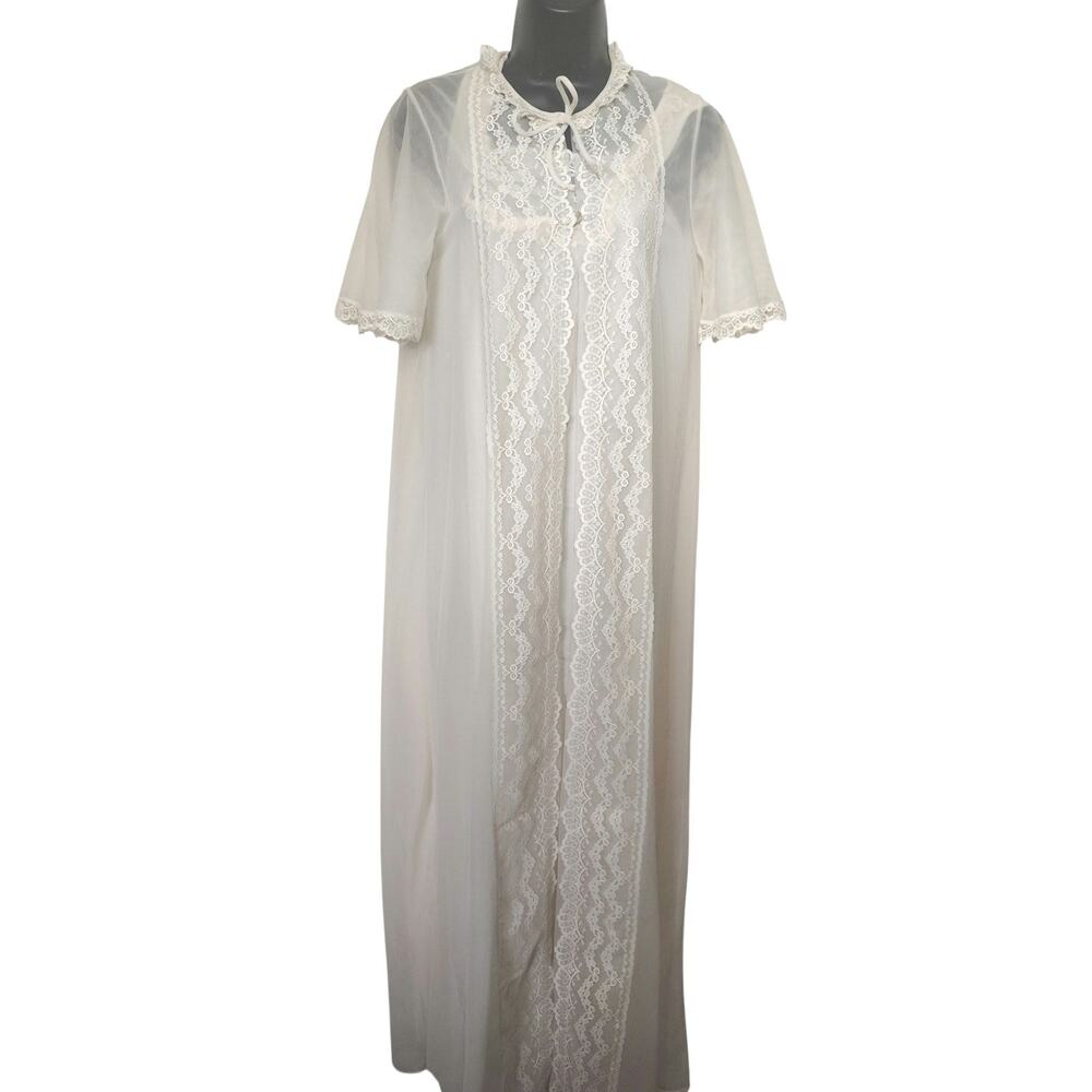 Vintage Sheer Lace Nightgown Set Sm Buttercream Bridal Cottagecore Lingerie Robe - Picture 2 of 9